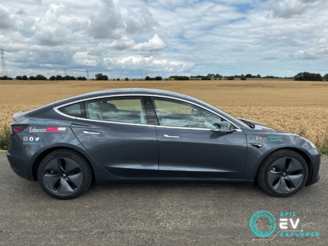 Tesla Model 3 in a field with Epic EV Explorer signage on car